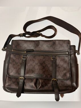Coach Brown Signature Canvas Messenger Bag with Dark Brown Leather Trim